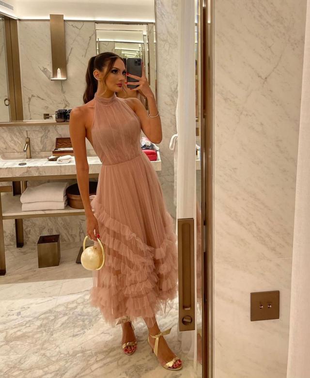 Vestido Midi Nude de tule gola alta M Rodarte