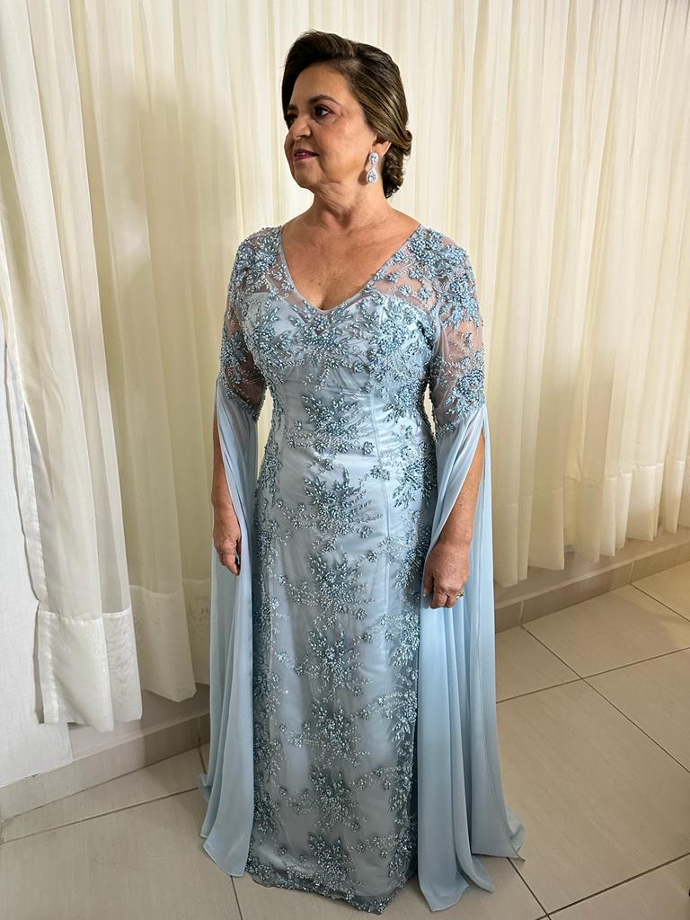 Vestido Azul Serenity mãe de noivo(a) bordado