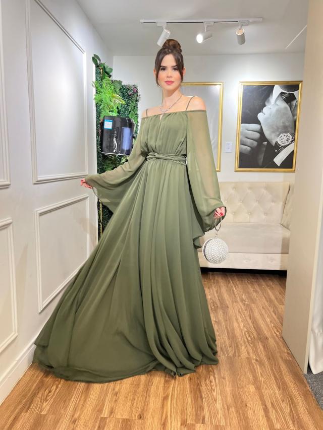 Vestido Verde Oliva fluído com mangas assimétricas