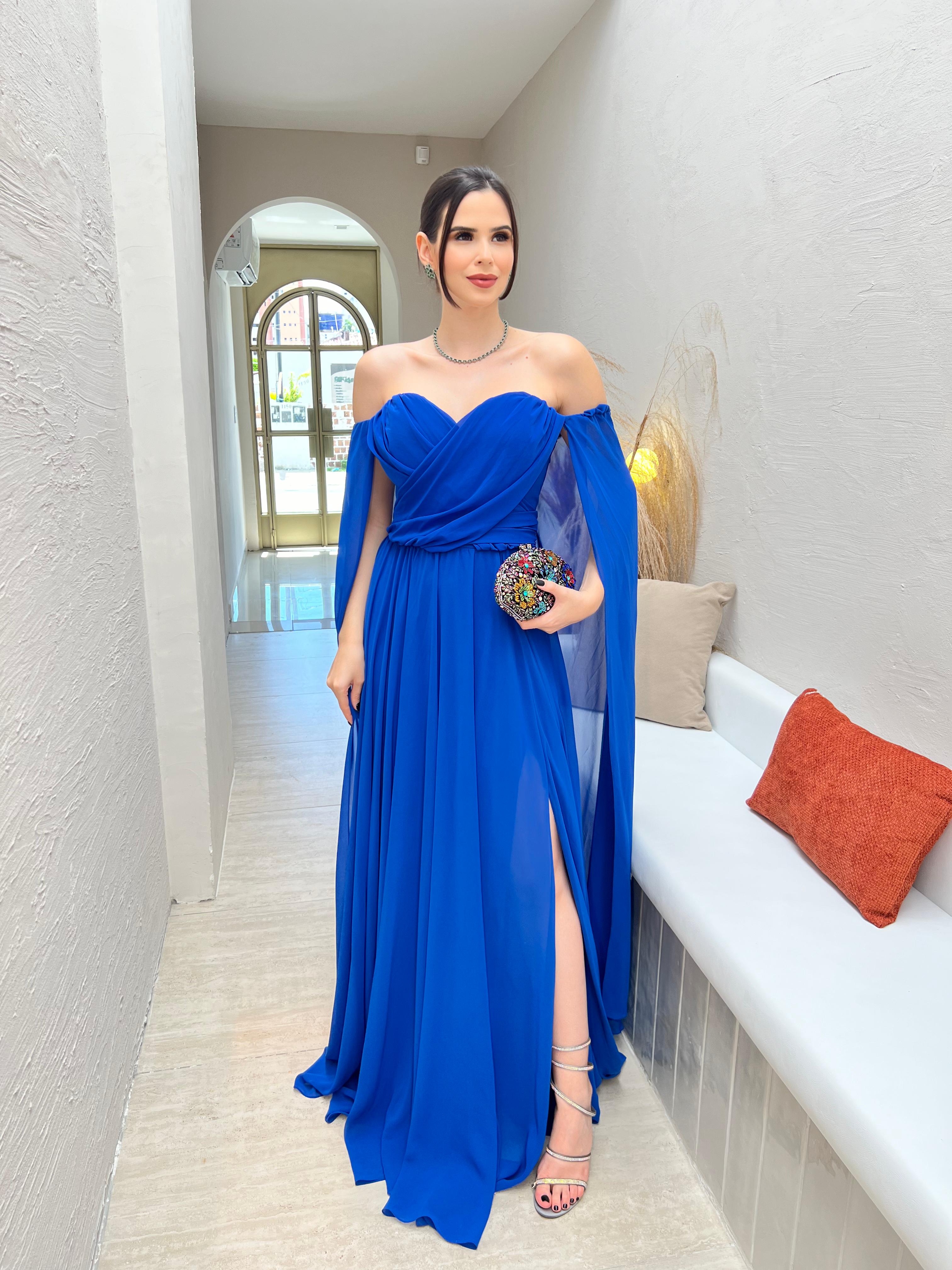 Vestido Azul Royal capa com fenda