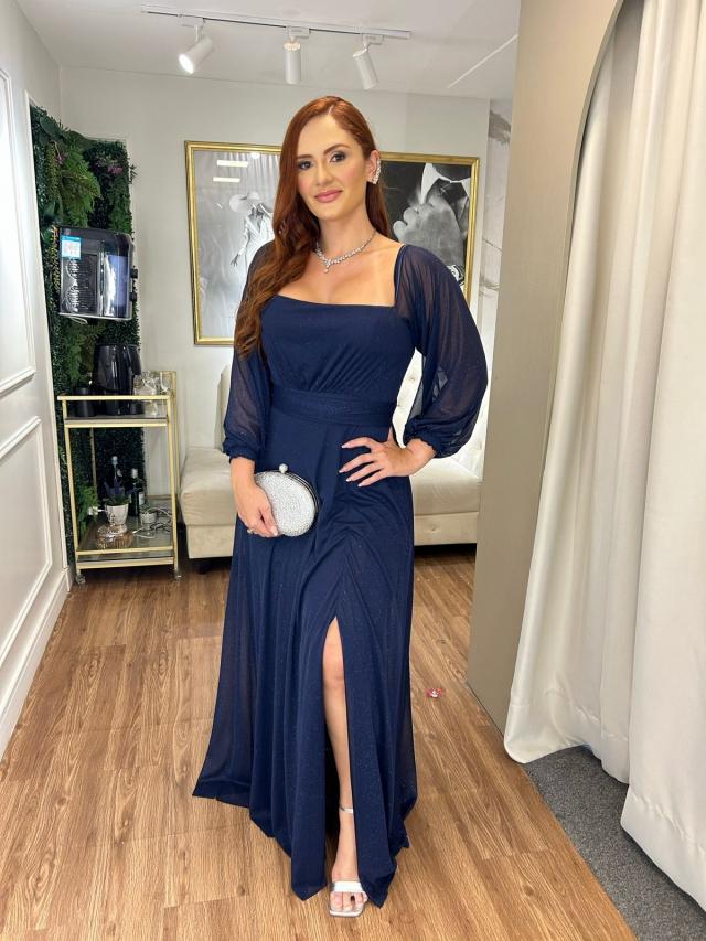 Vestido Azul marinho de tule glitter com mangas e fenda