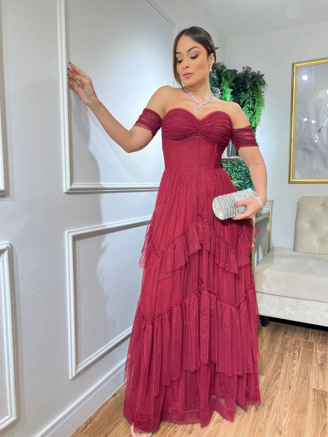 Vestido Marsala corpete tule glitter camadas