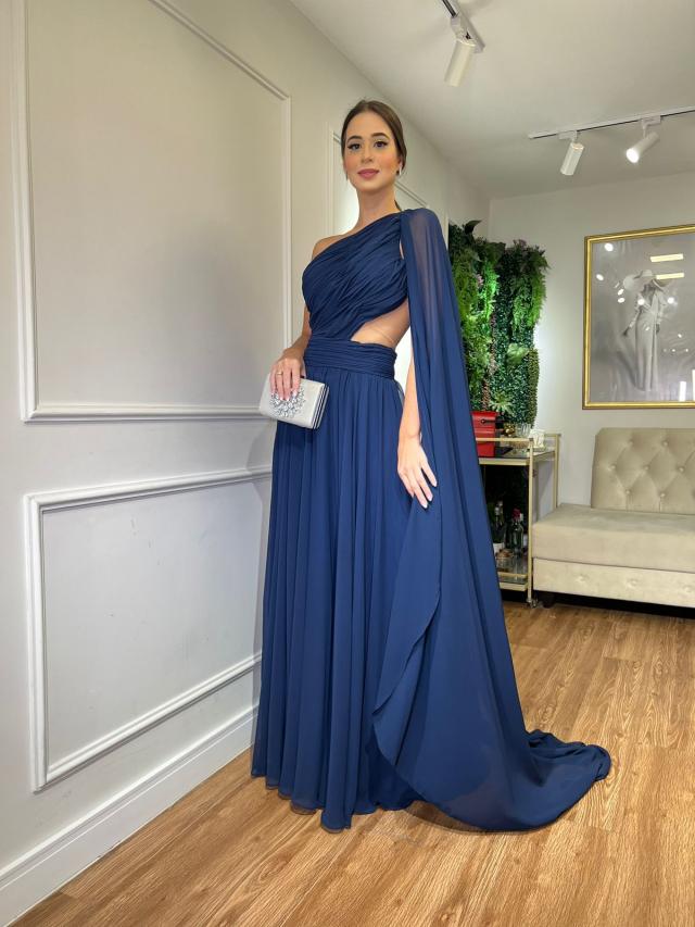 Vestido Azul Marinho longo fluído de capa