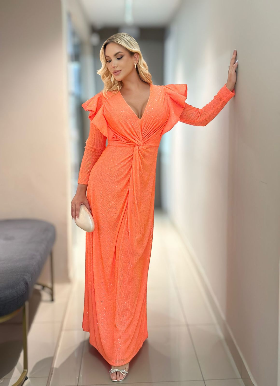 Vestido Laranja paetê Fátima Scofield