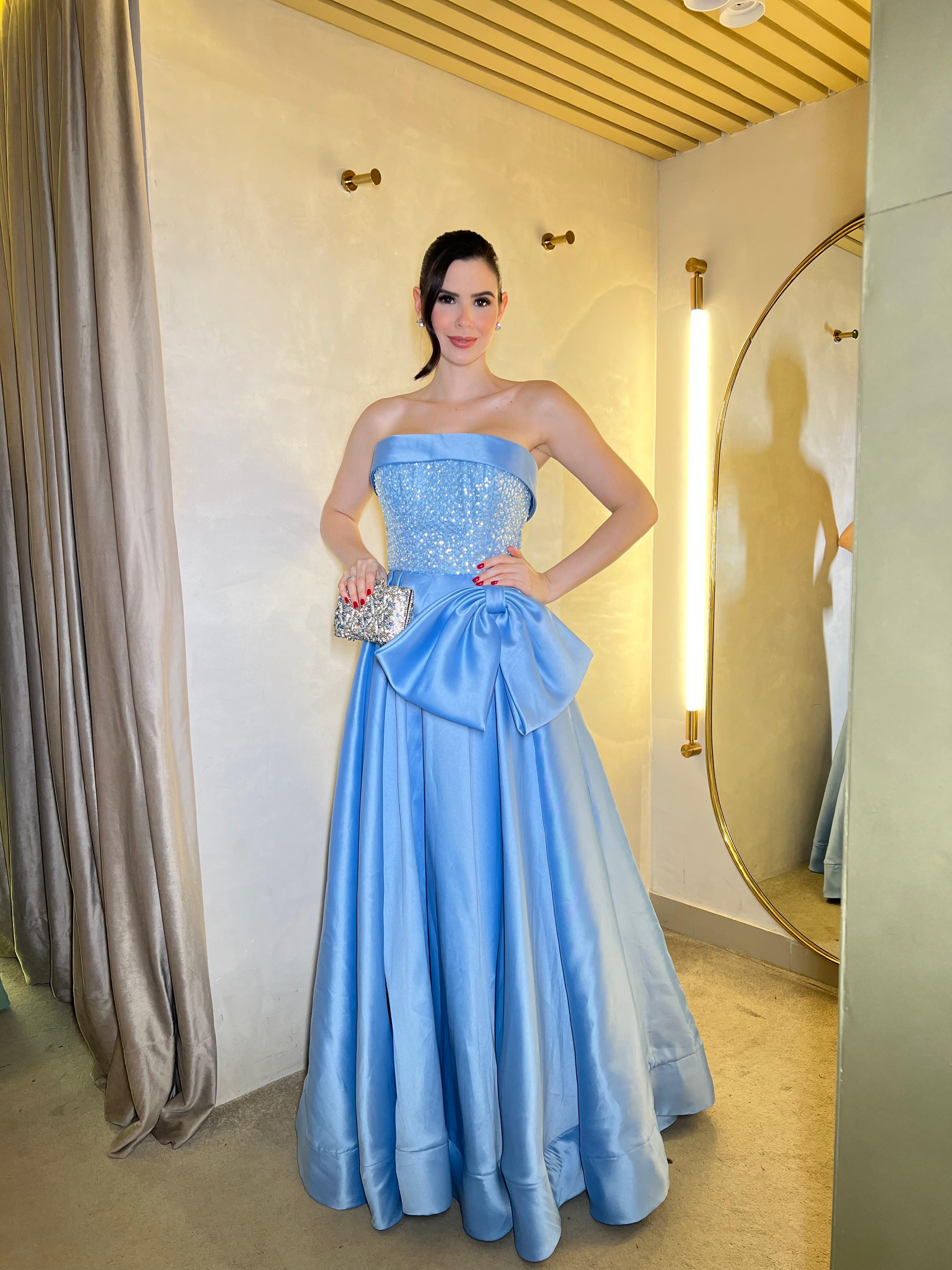 Vestido Azul Serenity tomara que caia com pedrarias