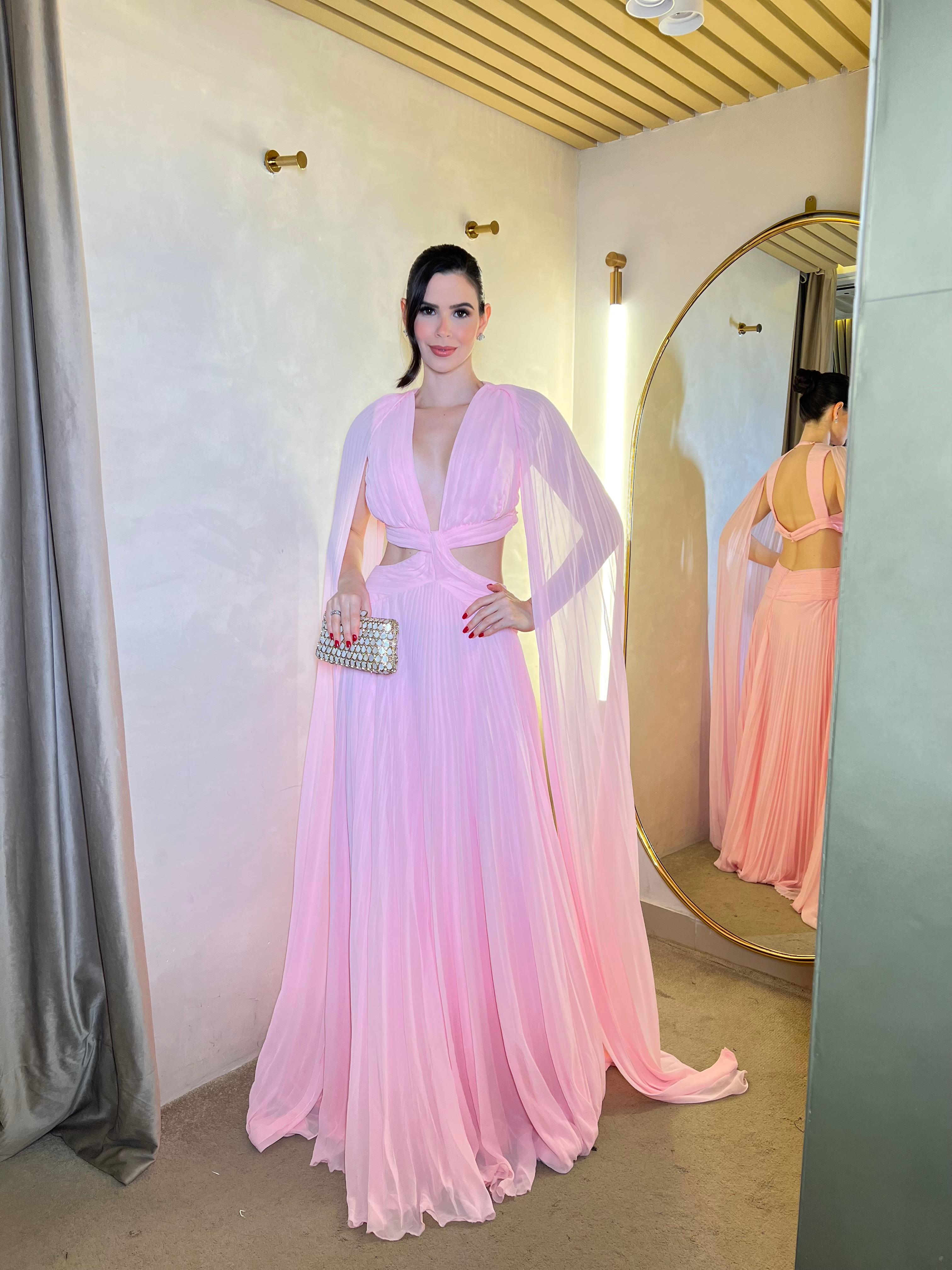 Vestido Rosa com capas e recortes plissado Agilitá