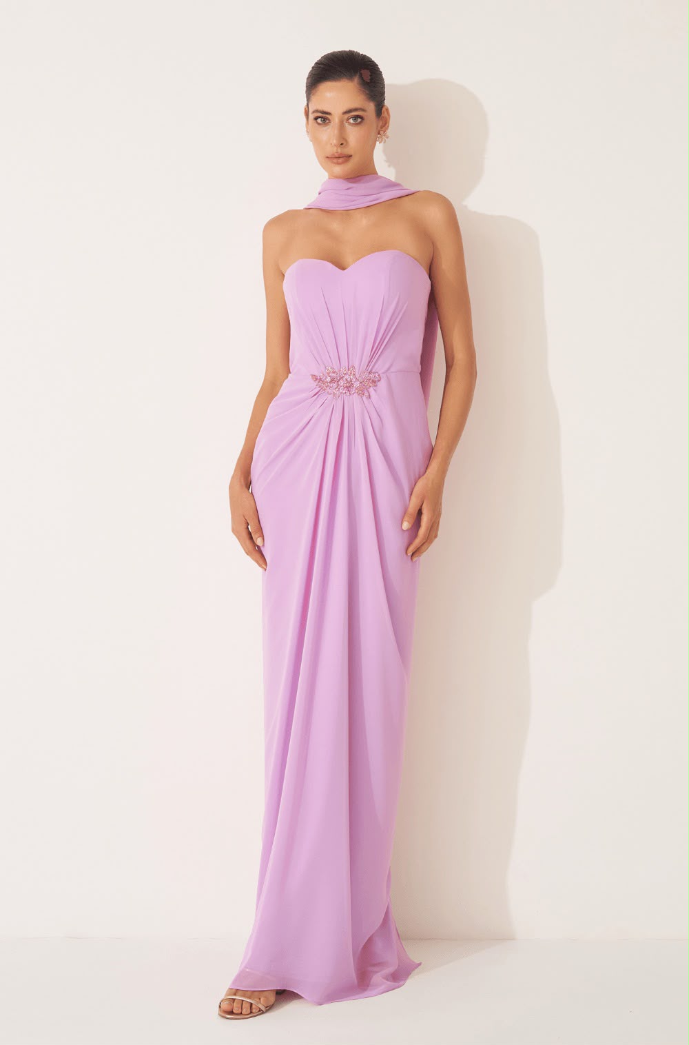 Vestido Rosa echarpe com bordado na cintura