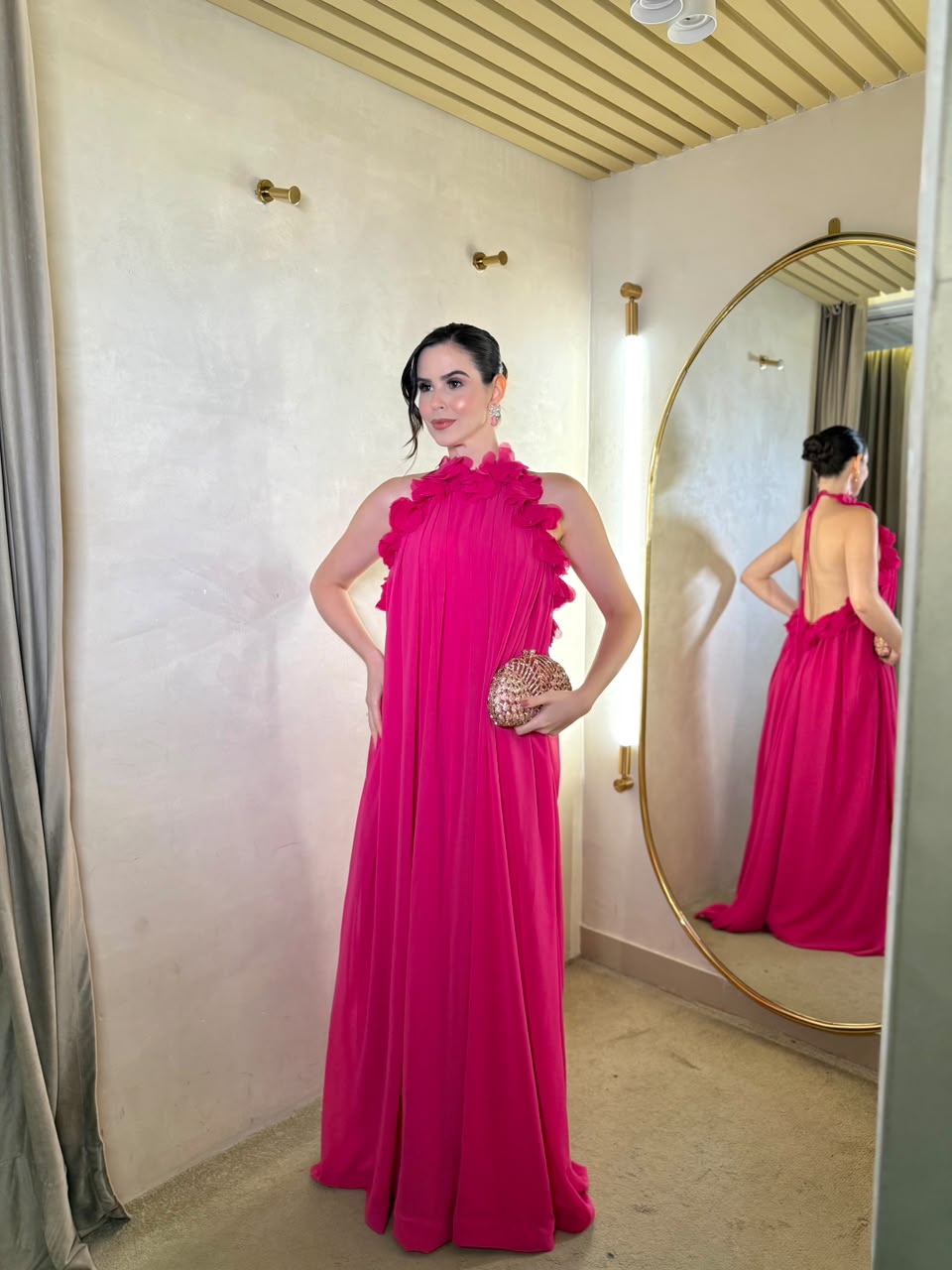 Vestido Pink gola alta de flores 