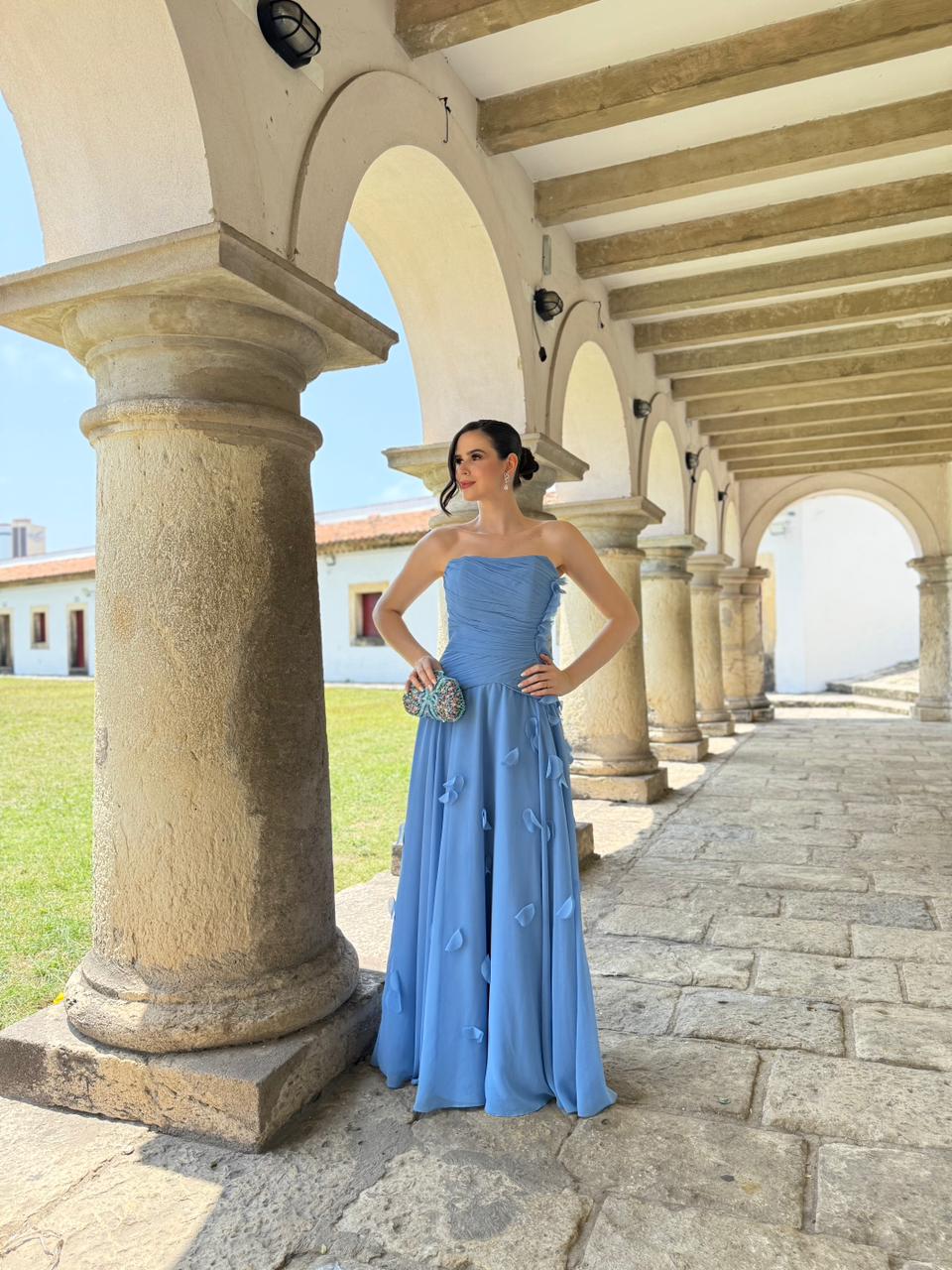 Vestido Azul serenity fluído com flores 3d