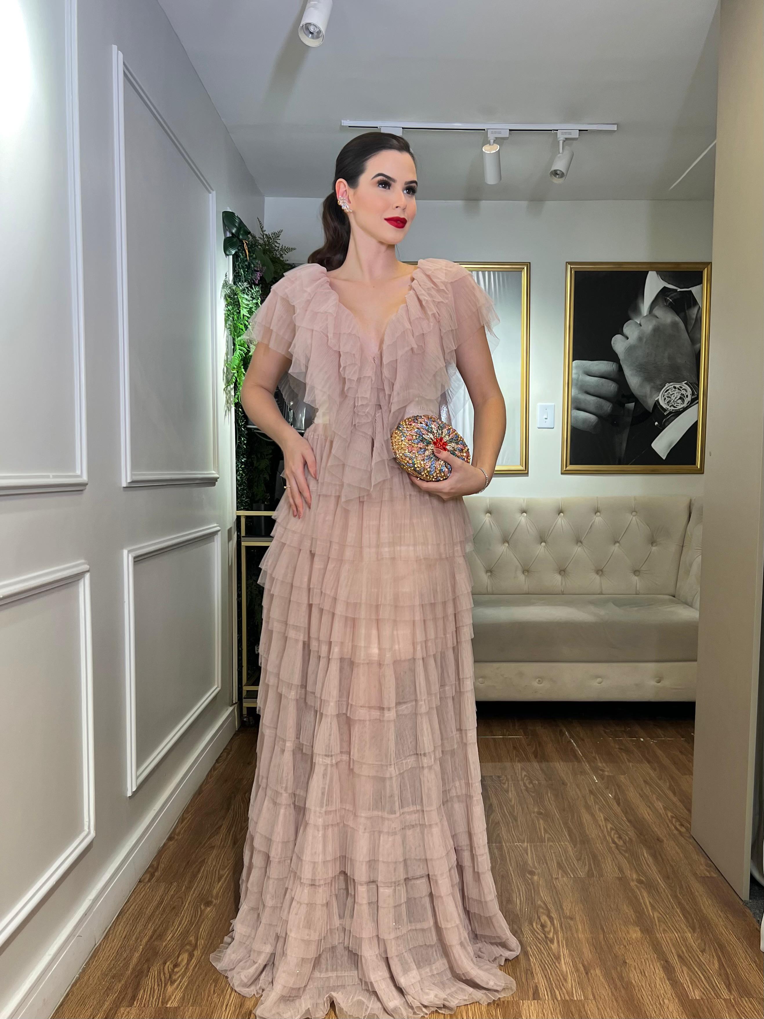 Vestido Rosê de tule em babados Skazi