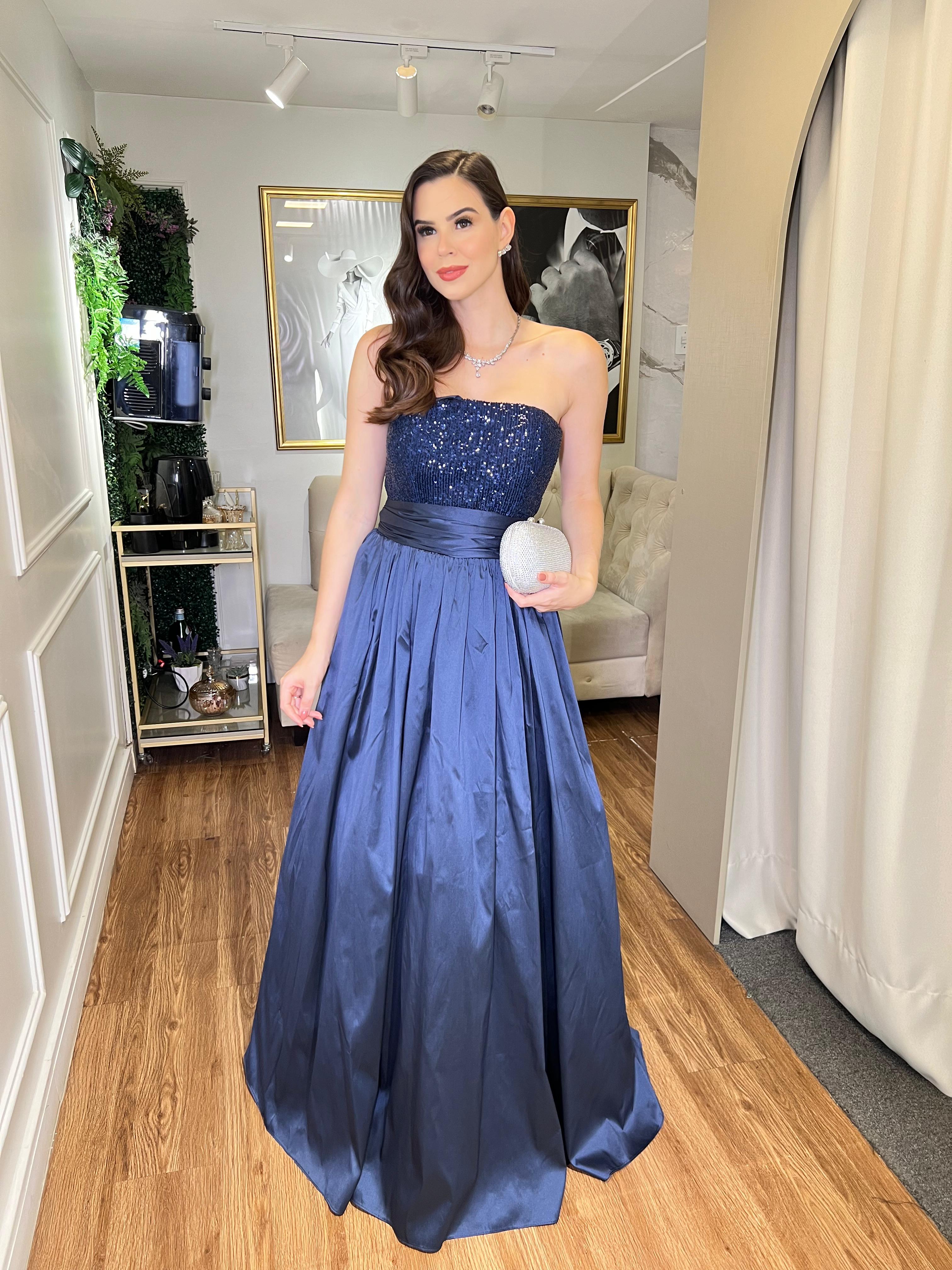 Vestido Azul Marinho de paetê estruturado Fátima Scofield