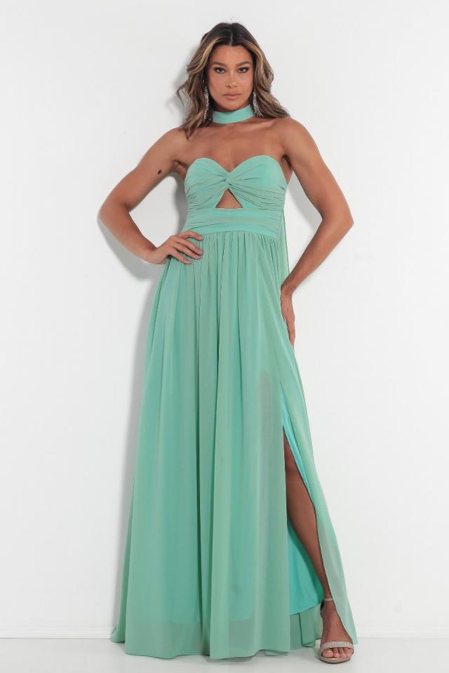 Vestido Verde Menta tomara que caia fluído com capa e fenda