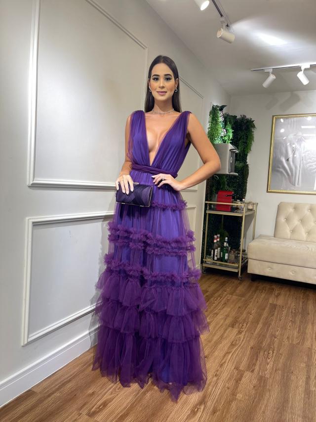 Vestido Roxo de tule com saia em franzido 