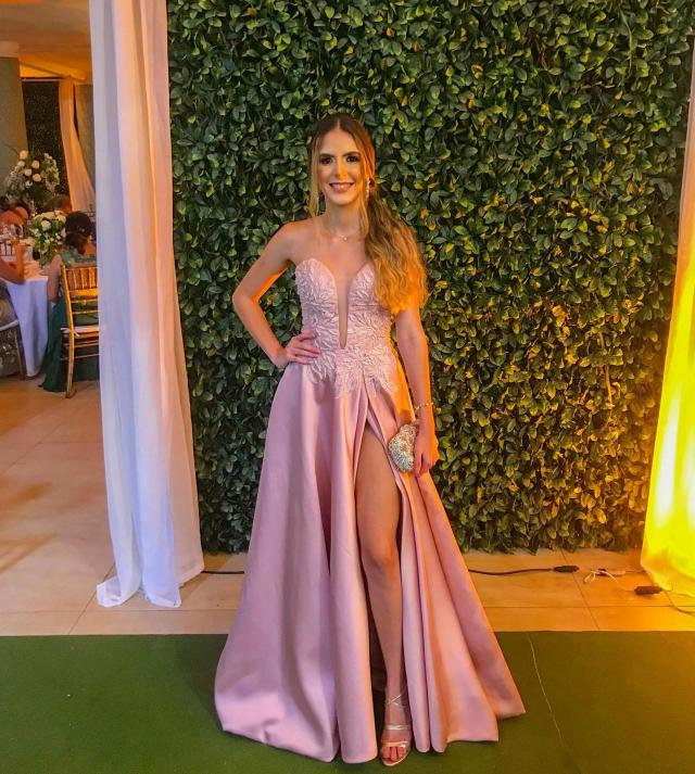 Vestido Rosa/Rose estruturado tomara que caia com decote em pedrarias