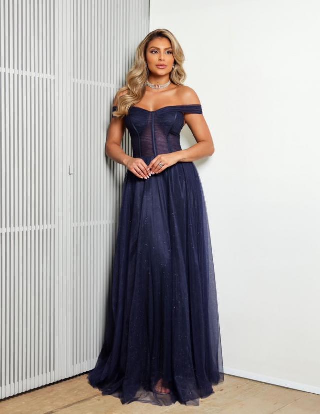 Vestido Azul Marinho manga princesa de tule e corpete